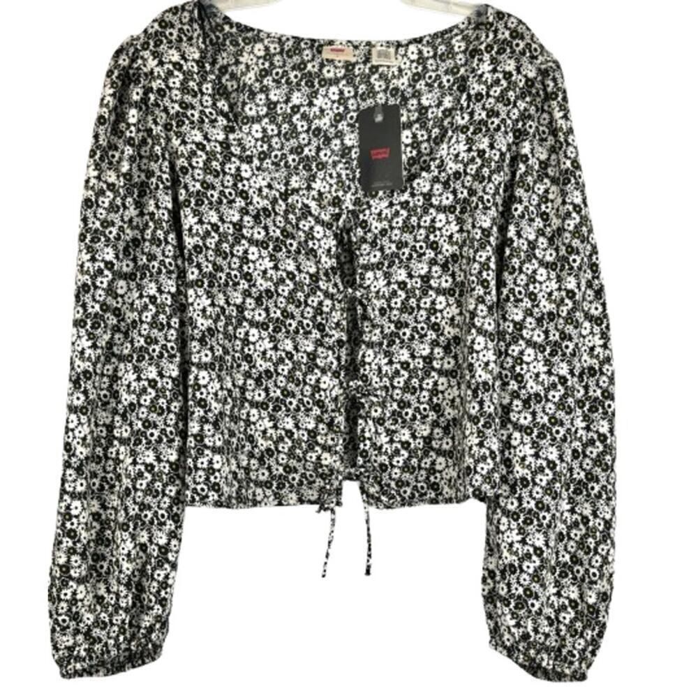 Levi’s Blouse Women's Plus 3X Black White Floral Print 4 Tie Long Sleeve Top
